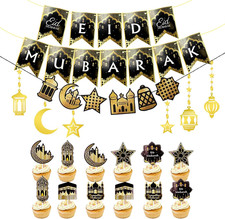 Eid Mubarak Decorations Kit - Golden Ramadan Banners, Star Garland, Cupcake Topp