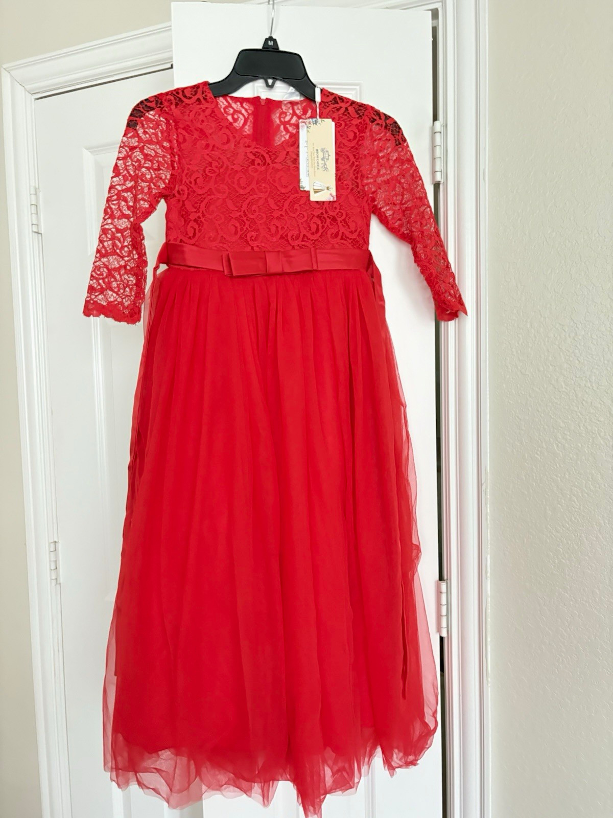 Girls Red Lace Tulle Long Ball Gown Dress Bow, 3/4 Sleeve   8 years older via