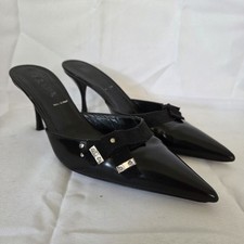 Prada Leather Kitten Heel Mules Black Pointed Toe Bow Box  Heel Lifts 37.5 US 7
