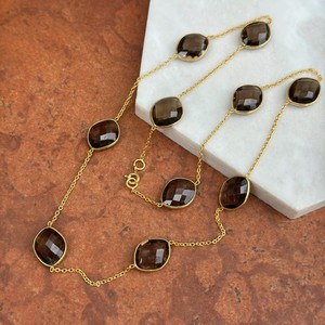 Authentic Sterling Silver Yellow Gold Plated Smokey Quartz Station Cable Necklace 21inches