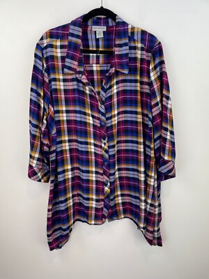 Catherines 3X Top Blouse Button Up Front Shirt Flannel 3/4 Sleeve Womens A43-03