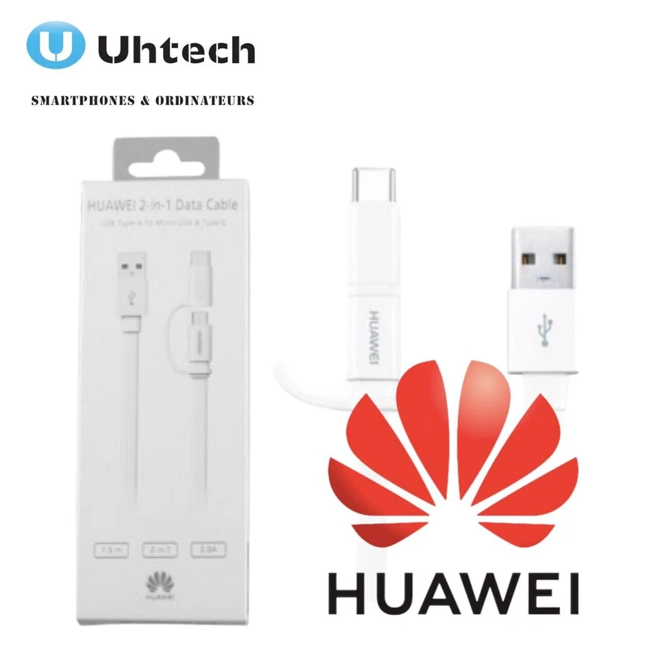 Huawei Câble 2 en 1 micro-USB / USB-C Charge Synchronisation 1.5m Original Blanc - Photo 1/2