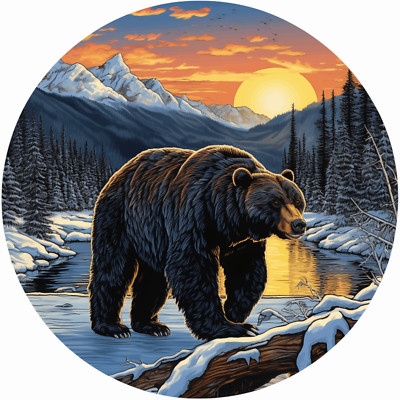 Bear Patch Iron-on Applique Nature Snow River Sun Mountain Wild Animal Badge