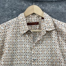 Tori Richard Shirt Mens Large Beige Blue Button Cotton Lawn Aloha Tribal Pocket