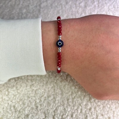 Rot Evil Eye Armband Nazar, Mal De Ojo Perlenarmband, Boncuk mit Silberkugeln - Bild 1 von 4