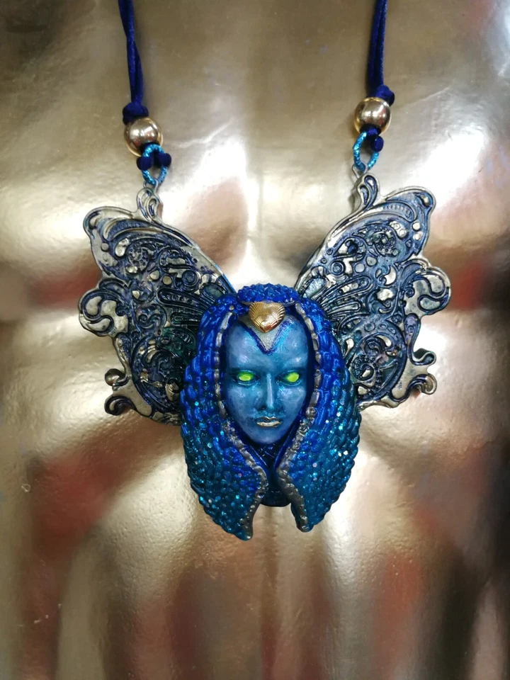 Butterfly Coccon Moth Doll Head Jewelry Necklace Pendant Art Deco Silkworm Charm - Image 2 of 4