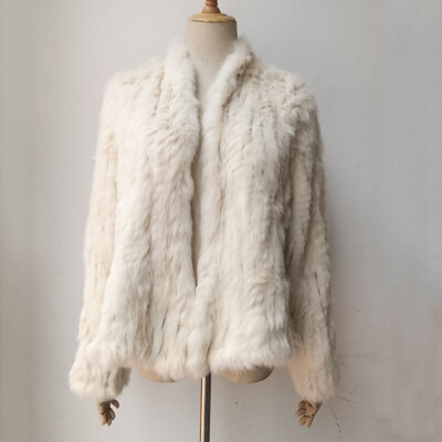 Womens Winter Knitted Real Rabbit Fur Short Coat Jacket outwear Fashion Knitwear