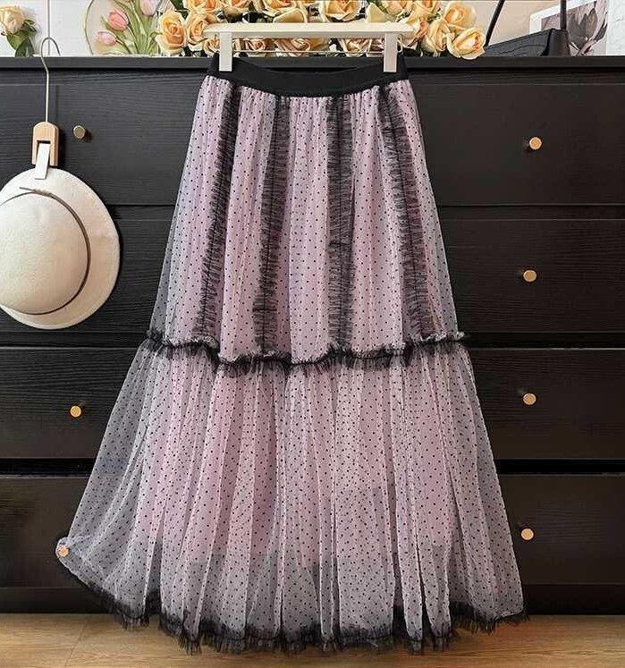 Falda midi de tul con manchas y ribete de encaje negro elegante cómoda y elegante-SK206