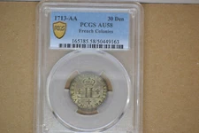 1713-AA French Colonies 30 Deniers.   PCGS AU-58.  Lovely Rare Coin!