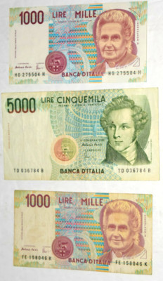 VTG ITALIAN (2 x 1,000 + 1 x 5,000 LIRE MILLE), ''PORTRAIT,'' BANCA Banknotes, EF+