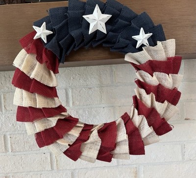 Pottery Barn Liberty Burlap Wreath 4th of July Americana 16  American Flag NEW