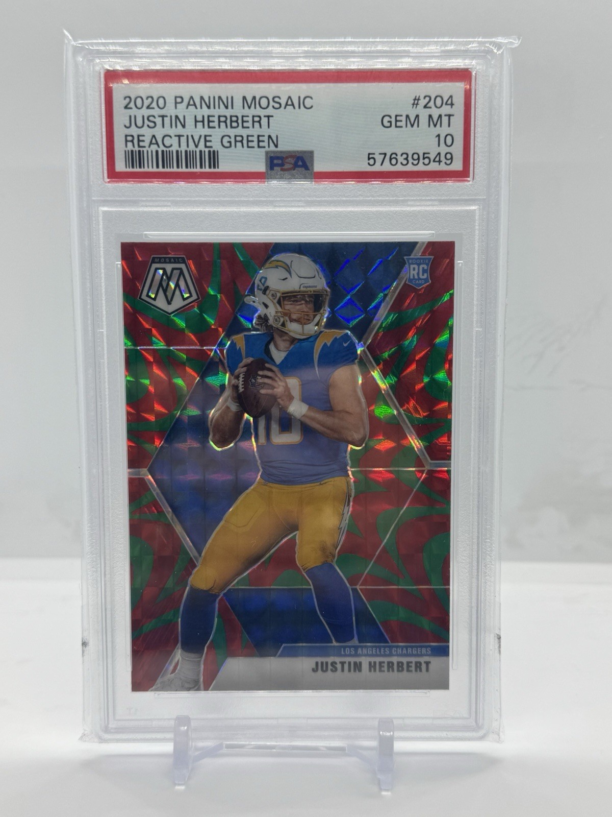 2020 Panini Mosaic JUSTIN HERBERT Reactive Green Prizm  PSA 10 Rookie #204