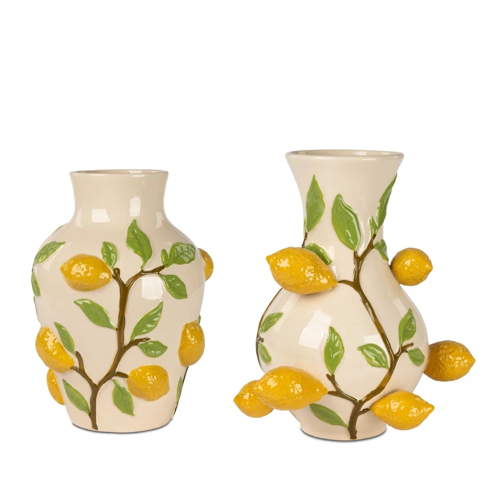 2er Set Dekovasen ZITRONEN rund H. 33 + 35cm creme gelb aus Keramik Formano