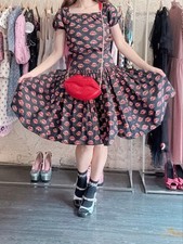 PRADA Mini Dress Black Lip Print Puff Sleeve Flare Skirt Size S 86cm