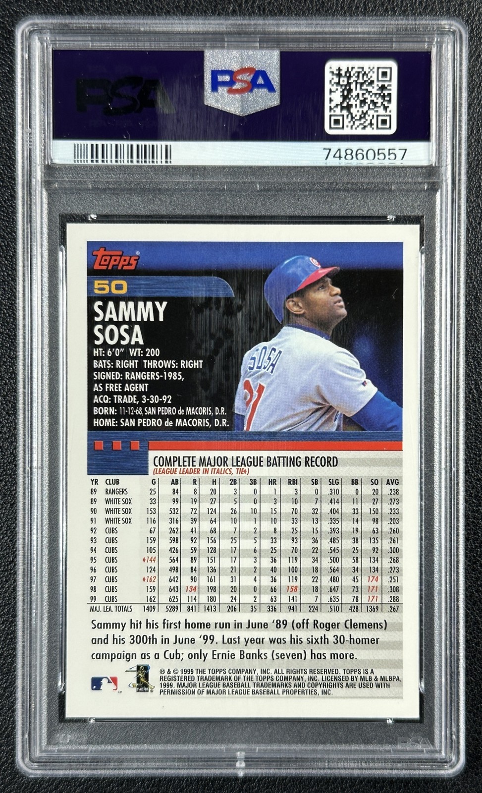 SAMMY SOSA PSA 10 2000 TOPPS #50 CUBS 0557 view 2