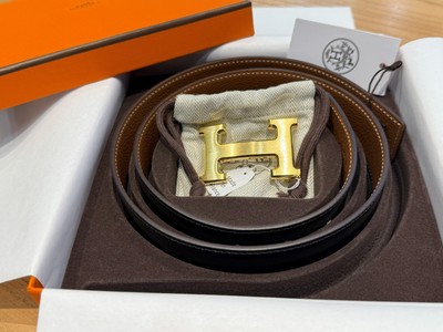 Hermes GOLD Brushed 32mm H buckle Men Belt Reversible Size  display picture 3