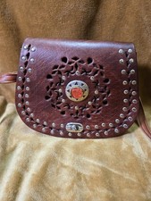 Vintage Handmade Italian Leather Crossbody Bag Tooled Concho Boho Purse