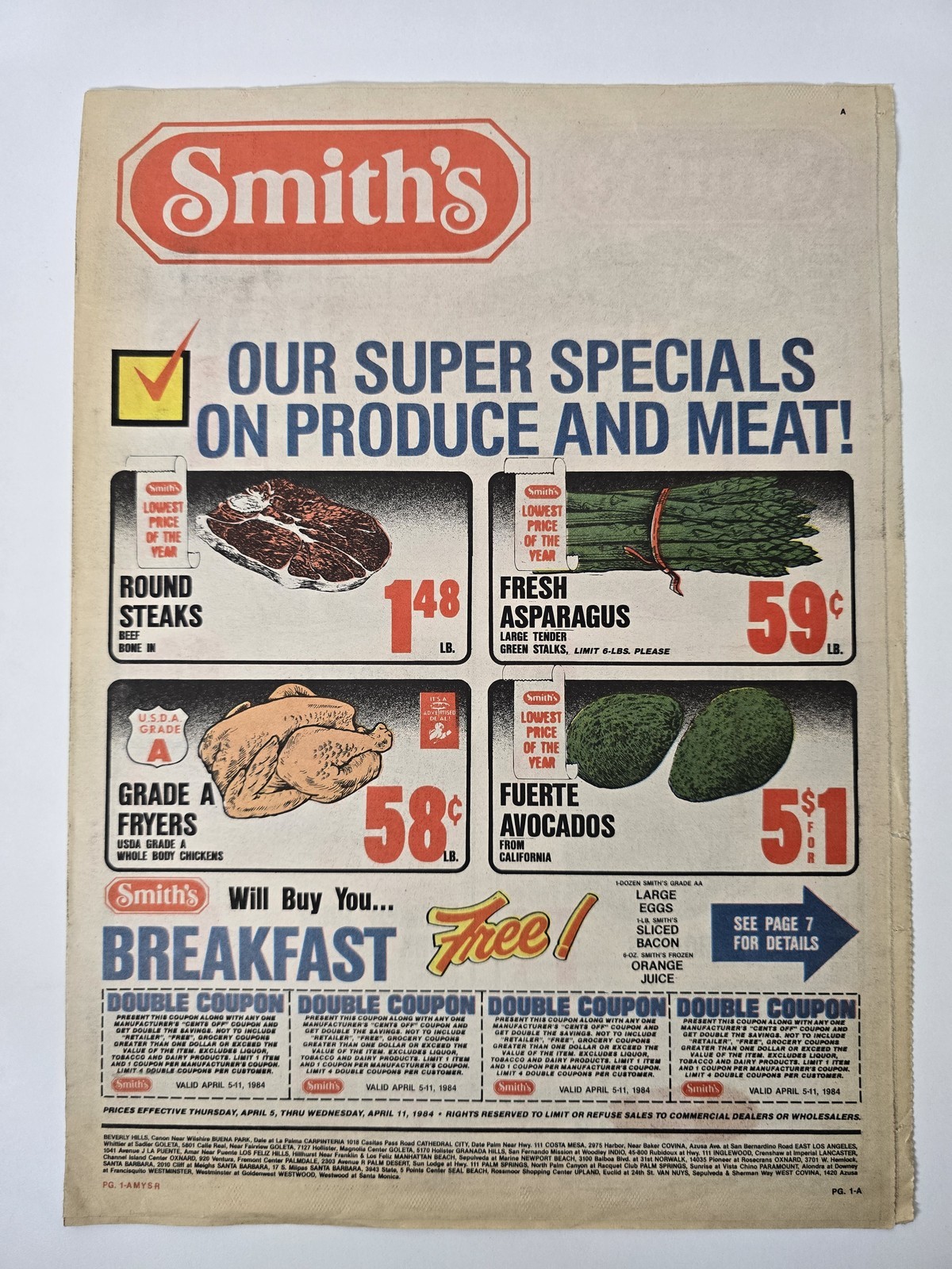 1984 Smiths Grocery Circular Free Frypan Produce Meat California 8 Pages