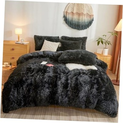  Fluffy Faux Fur Comforter Cover Set   Plush Fluffy Bedding 3-Piece Queen Black