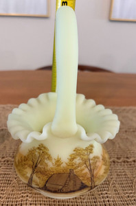 Fenton Custard Satin Basket with Hand Painted Log Cabin - Uranium glass