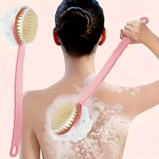 Soft Loofah and Bristles Bath Body Brush for Women and Men - Curved Long Handled