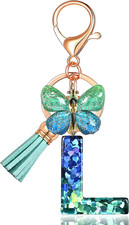 Initial letter Keychains for Women Tassel Butterfly Pink Purple Cute Car Keychai