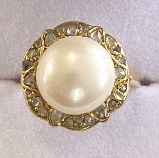 ANTIQUE / VINTAGE 18ct GOLD DIAMOND PEARL RING LARGE NATURAL PEARL