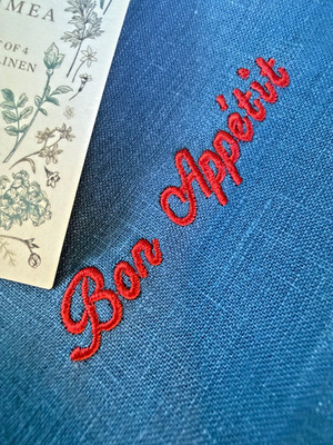 Navy Blue table linens, set of 4, with Red embroidery ''Bon Appetit'' 100% linen