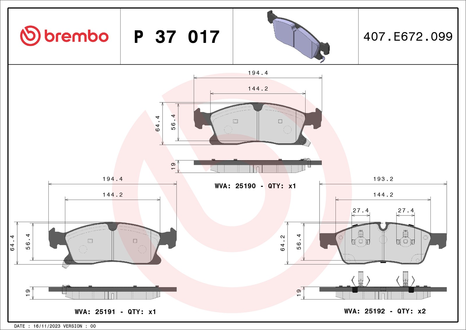 Brembo Bremsbelagsatz, Scheibenbremse [Hersteller-Nr. P37017] für Dodge, Jeep - Bild 8
