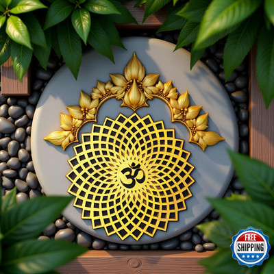 My Dream Carts 45X45Cm Golden Om Round Decorative Wall Art Mdf Wooden Om Chakra
