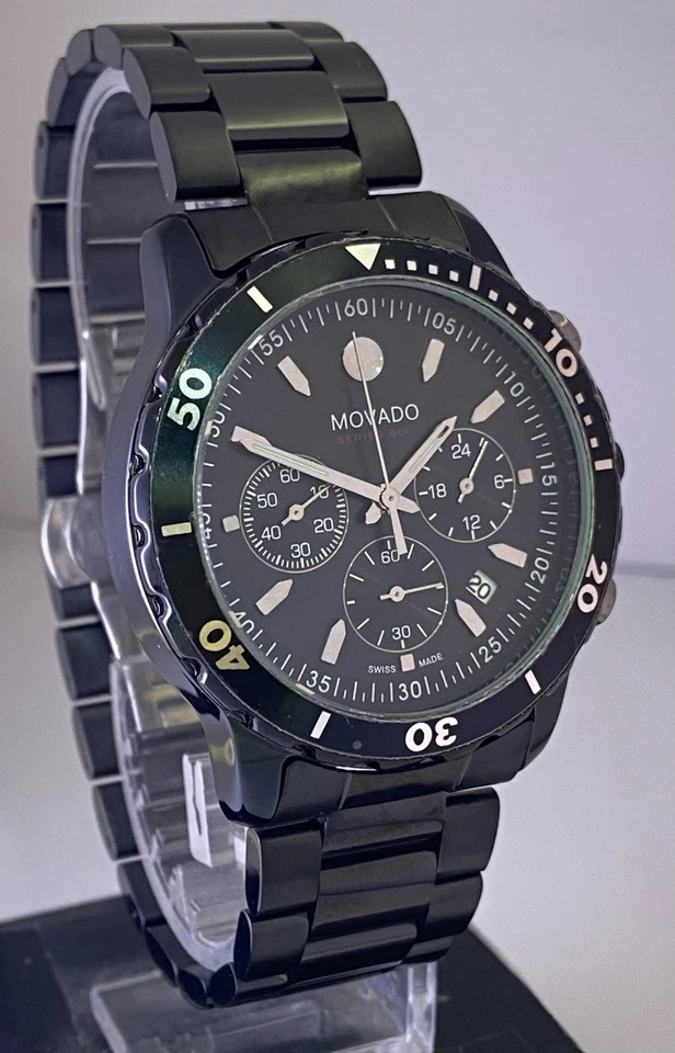 Восстановленный полностью черный хронограф Movado с датой, кварцевые часы из нержавеющей стали - Изображение 2 из 4