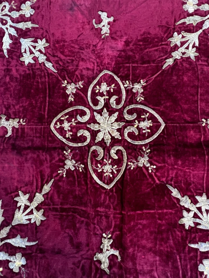19c. Antique Ottoman Velvet Silver Thread Embroidery Tablecloth Table Cover 32'' - Image 4 of 4