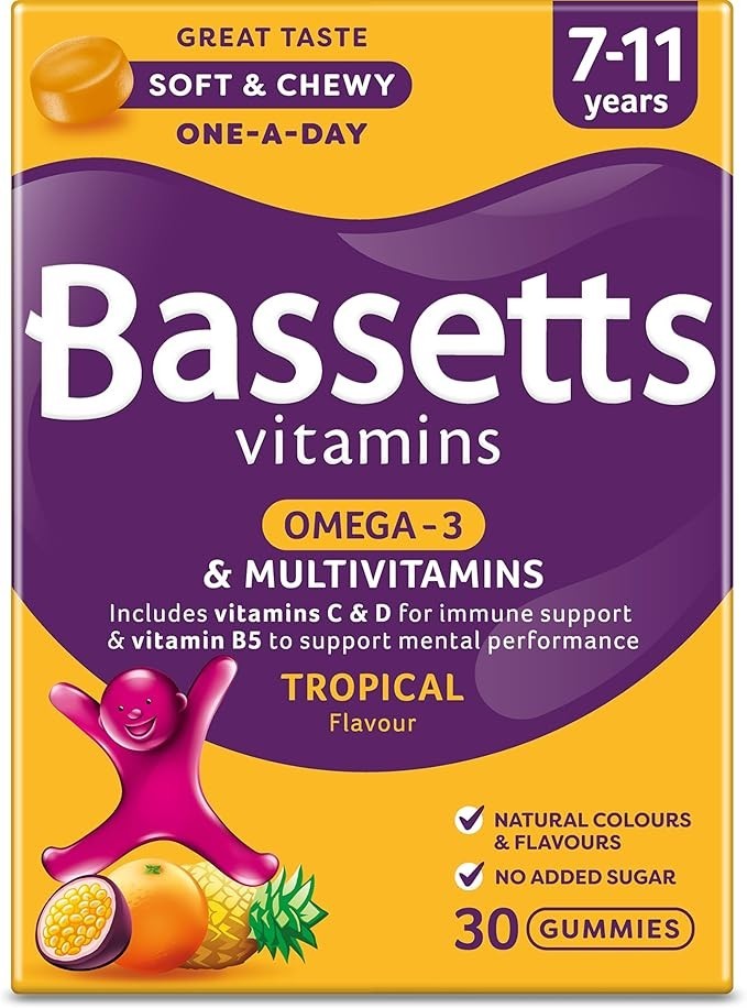 Bassetts Vitamins 7-11 Years Omega 3 Multivitamins Tropical Flavour 30 Gummies