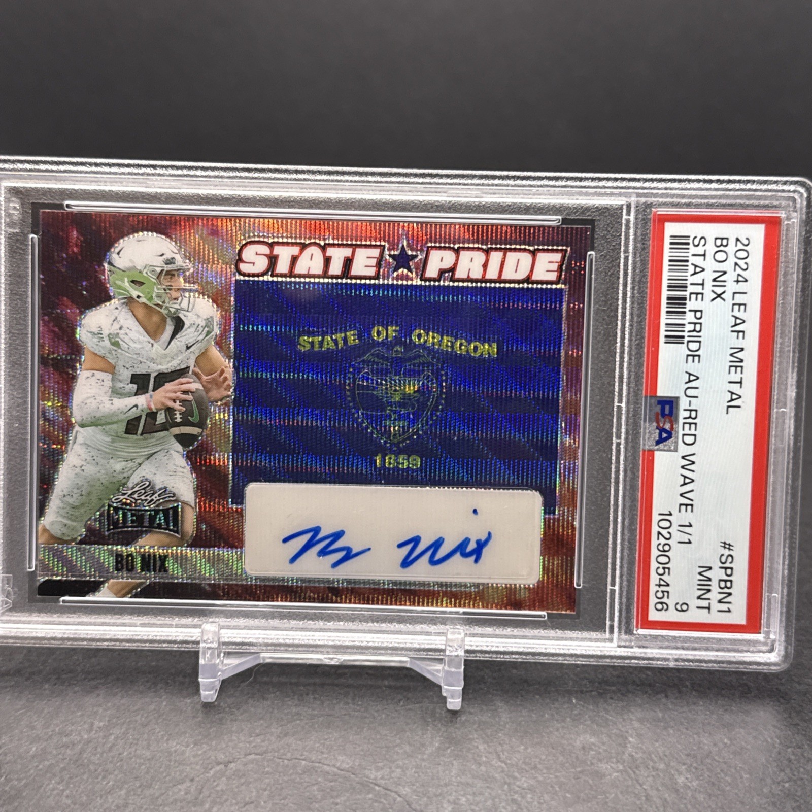 Bo Nix Leaf Metal State Pride Autographs #SPBN1 Red Wave 1/1