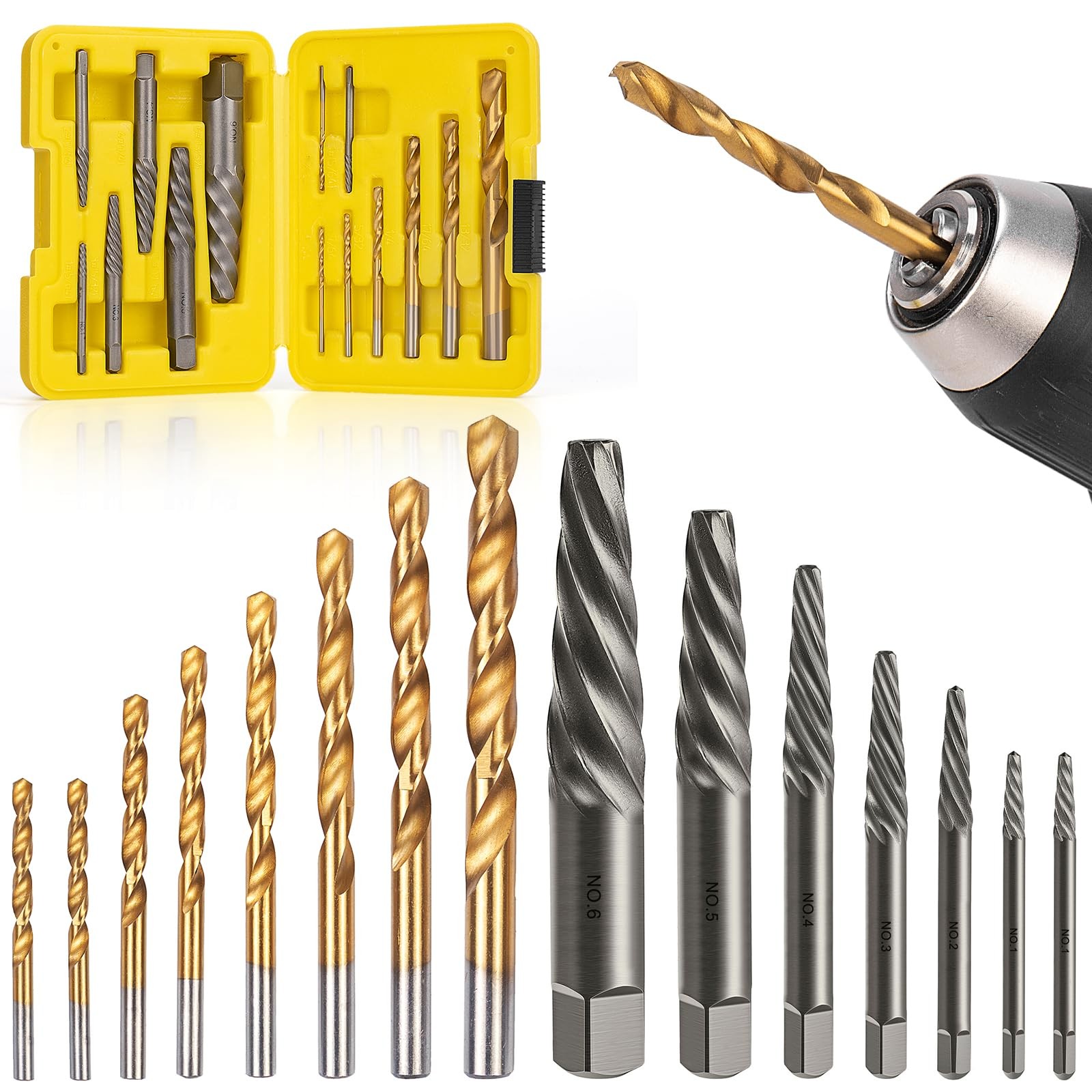 14PCS Easy Out Screw Extractor Set with Right Handed Drill Bits for Broken Bolt Removal