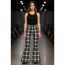 Almost Famous Women's High Rise Plaid Flare Pants - Trendy Retro Style, Size 9