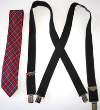 RED PLAID NECKTIE  BLACK SUSPENDERS