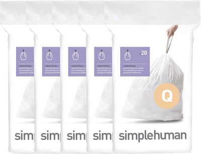 Simplehuman Code Q 100 Count, Dispenser Pack Custom Fit Liners, Drawstring Trash