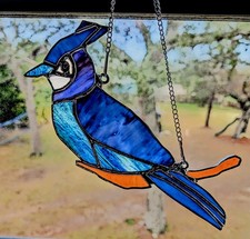 Handmade Stained Glass Blue Jay, Bird Suncatcher, 9W by 9H inches