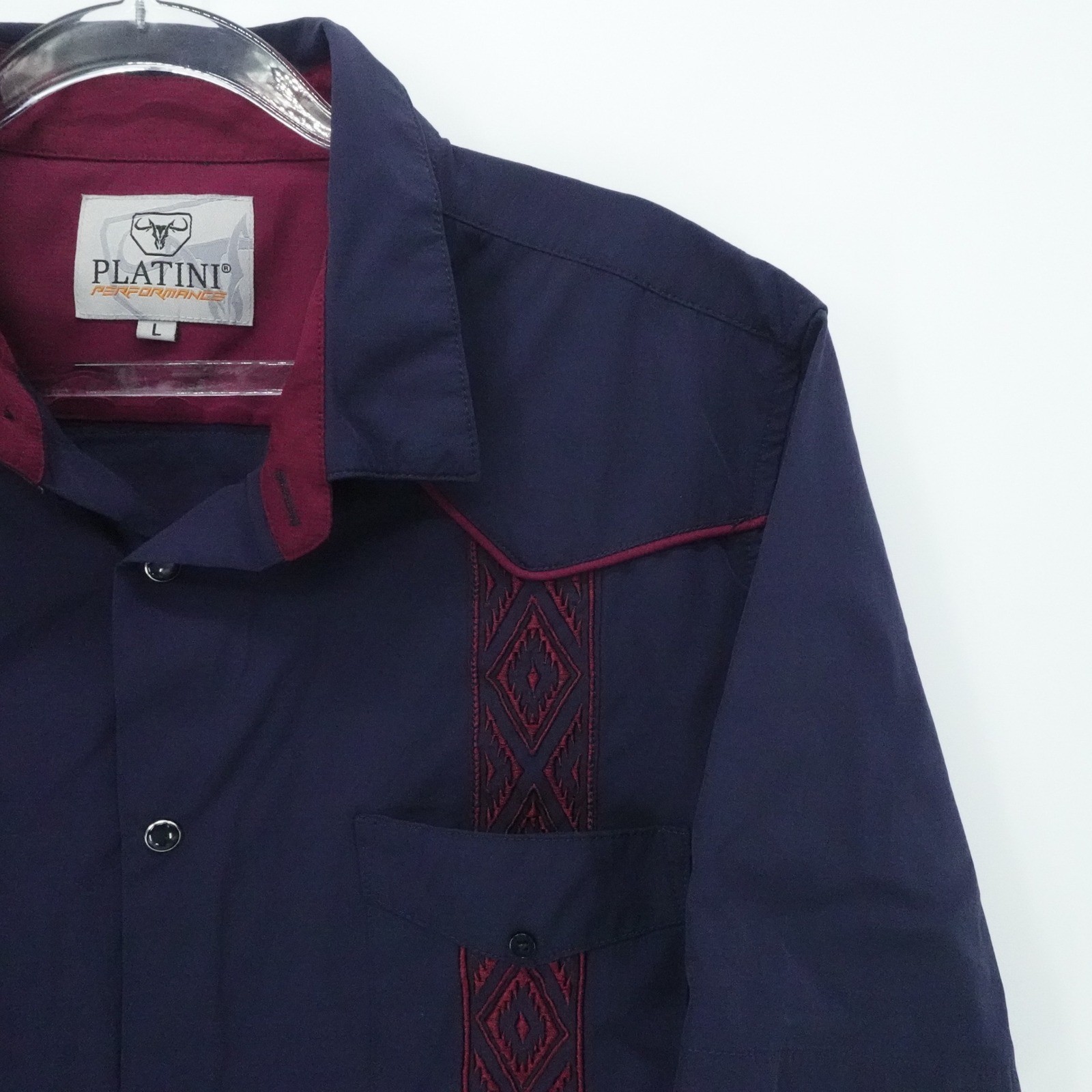 Platini Performance Guayabera Shirt Mens Large Navy Embroidered Pearl Snap Cuban