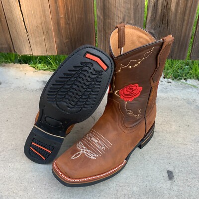 Women's Western Rodeo Square Toe Cowgirl Boots Leather Bota de Mujer Rosas Flor