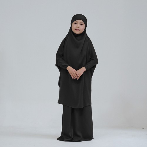Satin Khimar 2 Pieces Set Kids Girls Muslim Hijab Dress Dress Abaya Kaftan Robe - Picture 10 of 40