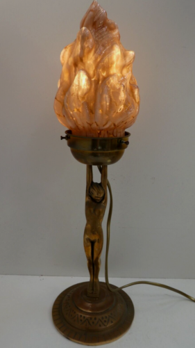 ART DECO BRASS DIANA NAKED LADY STATUE LAMP GLASS PINK FLAME LIGHTSHADE