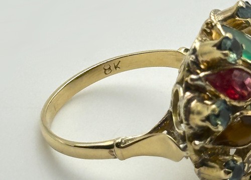 Vintage 8k Gold Filigree style Harem Ring with Multiple Colored Stones Size: 6 - Picture 7 of 14