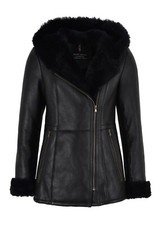 Ladies Sheepskin Jacket Shearling B3 Flying Black Genuine Fur Hoodie Jacket Nv39