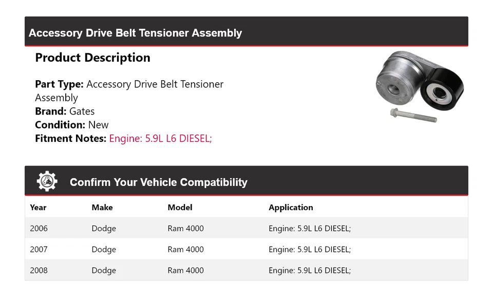 Portões de montagem de tensor de correia de transmissão DIESEL Dodge Ram 4000 5.9L L6 2006-2008 - Imagem 2 de 4