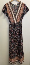 NEW Temofon Dress Womens M Navy Floral Wrap Maxi Flutter Sleeve Beach Boho