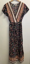NEW Temofon Dress Womens M Navy Floral Wrap Maxi Flutter Sleeve Beach Boho