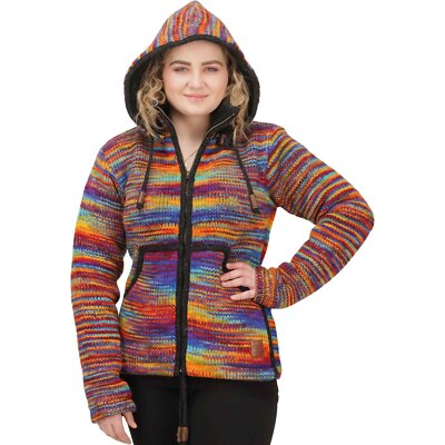 Bunte Strickjacke Damen Patchwork Strickmantel Fleecefutter