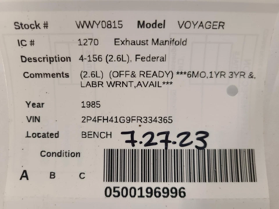 Colector de escape usado se adapta a: Plymouth Voyager 1985 4-156 2,6 L grado federal A Foto 3 de 4